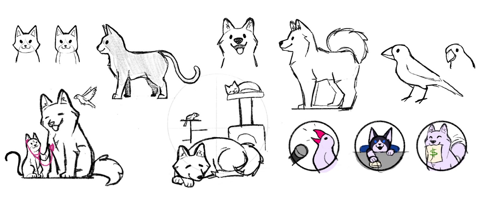 Sketches of the InsurePet dog, cat, and bird mascots