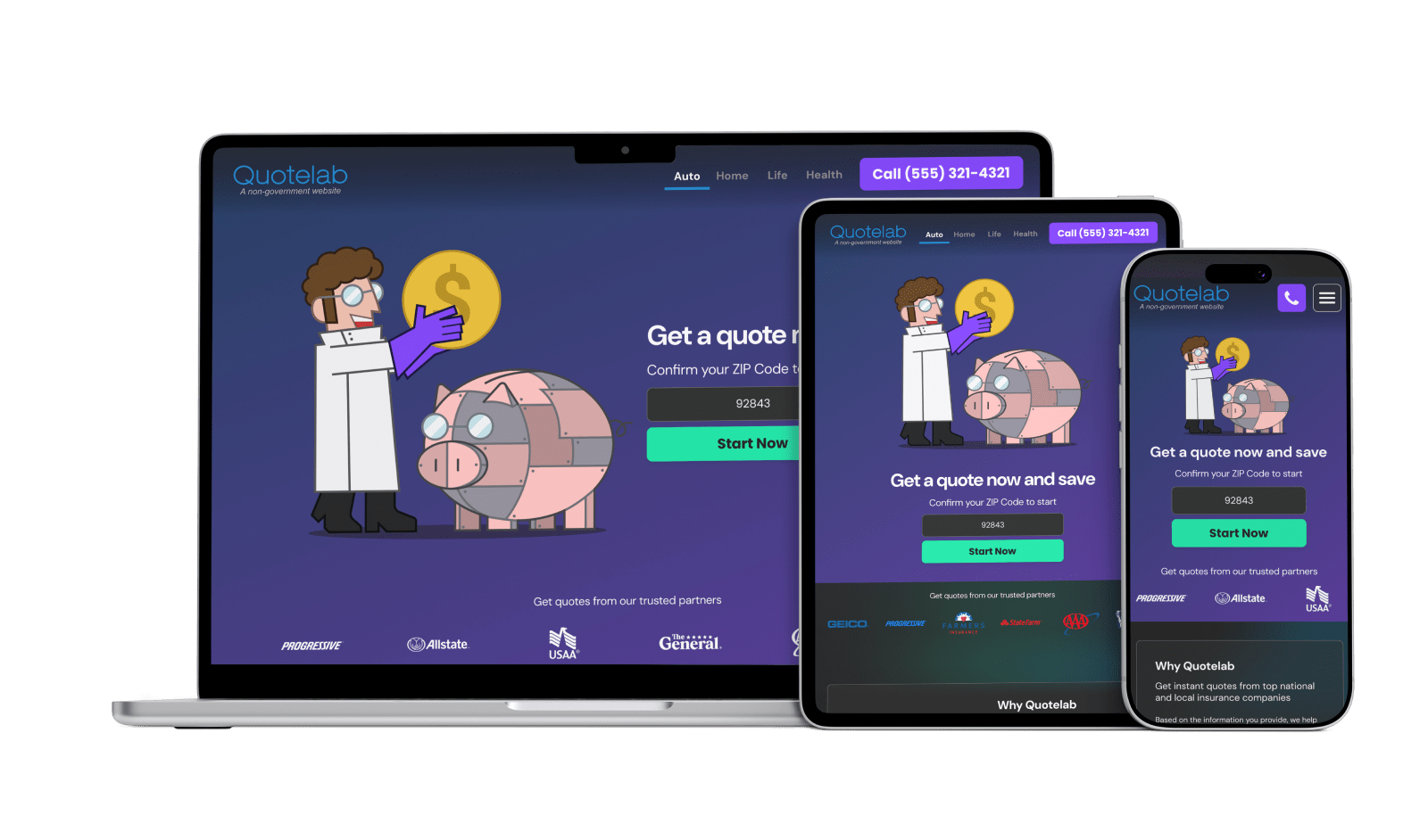 QuoteLab landing page shown on a laptop and phones